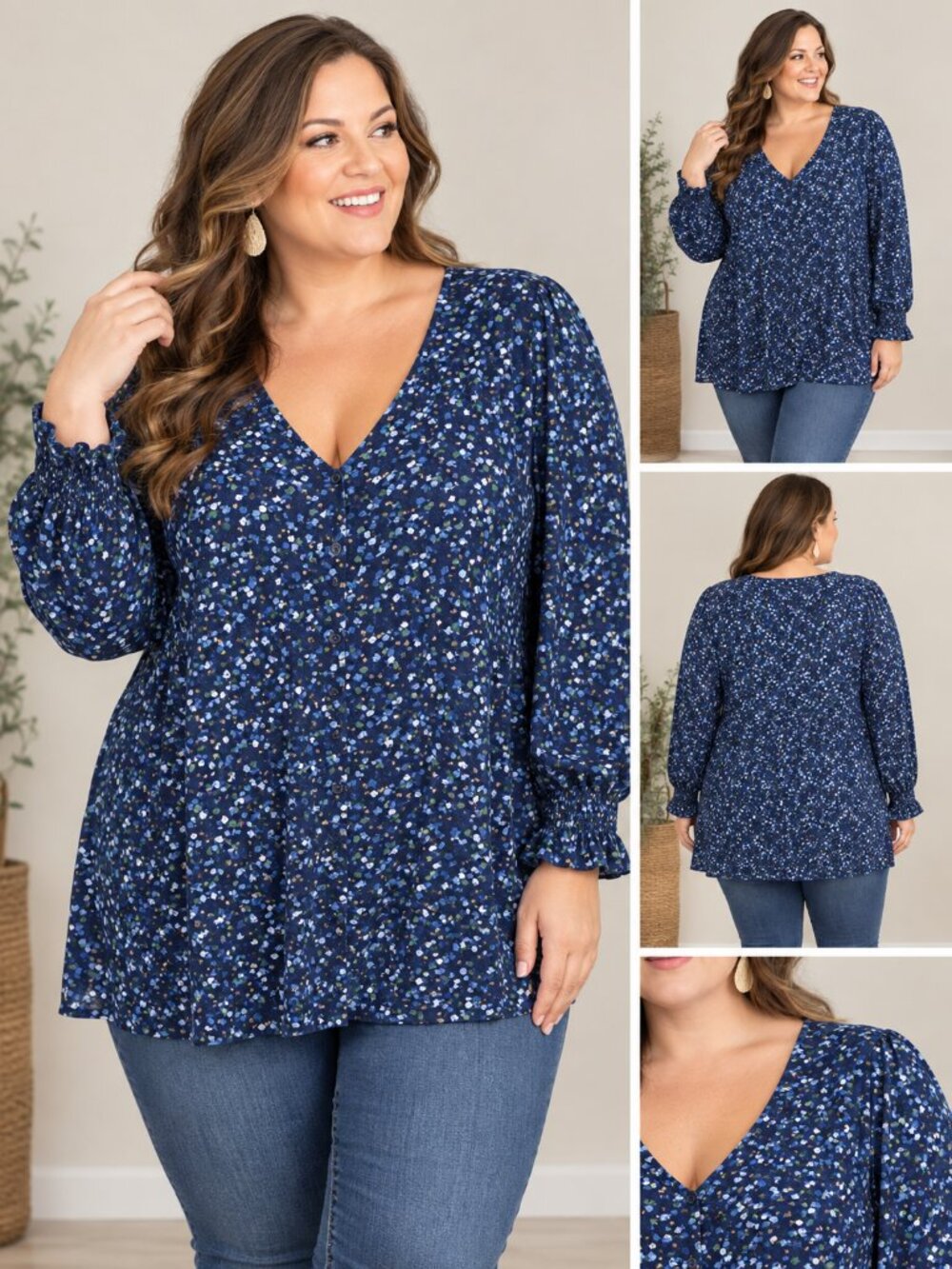 Lands' End V-Neck Knit Blouse Smocked Sleeve Cuffs Women's 2X Navy Ditsy Floral